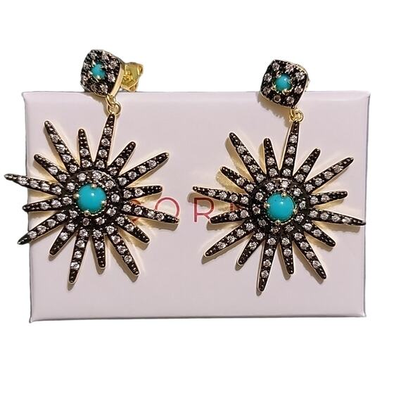14k Yellow Gold Plated Turquoise Swarovski Crystal Starburst Dangle Earrings - Picture 4 of 8